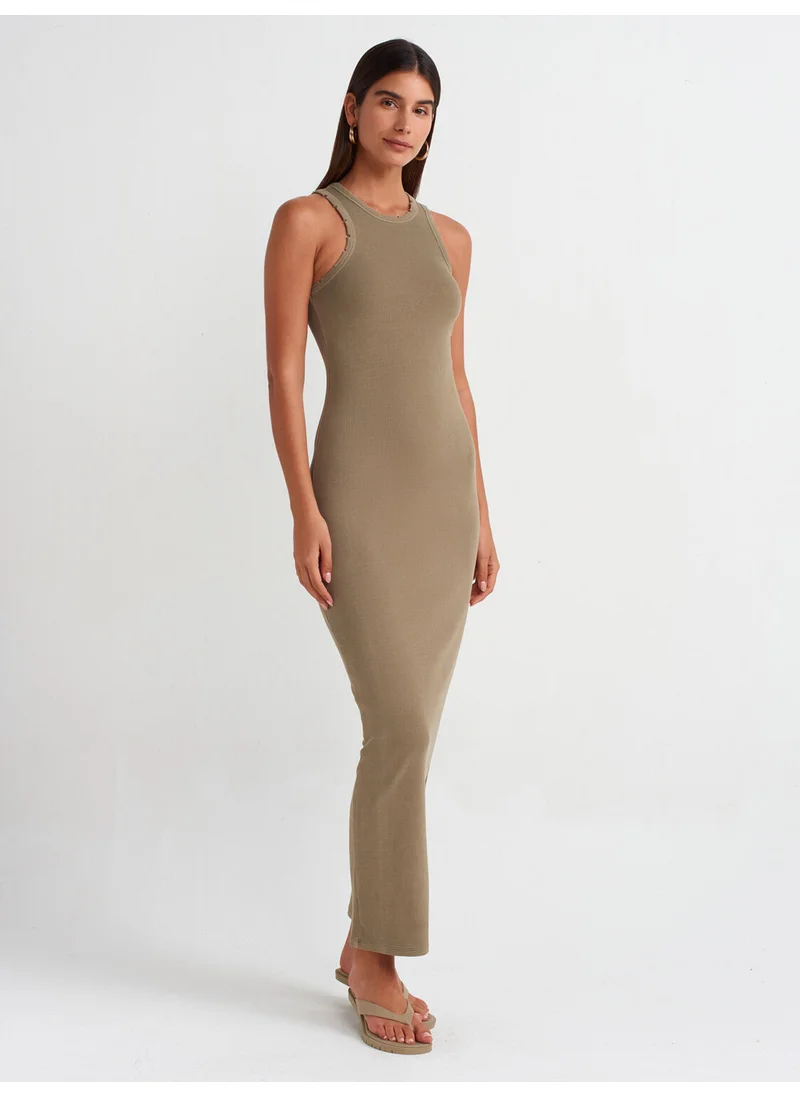 Dilvin 90805 Wash Effect Midi Dress-Khaki