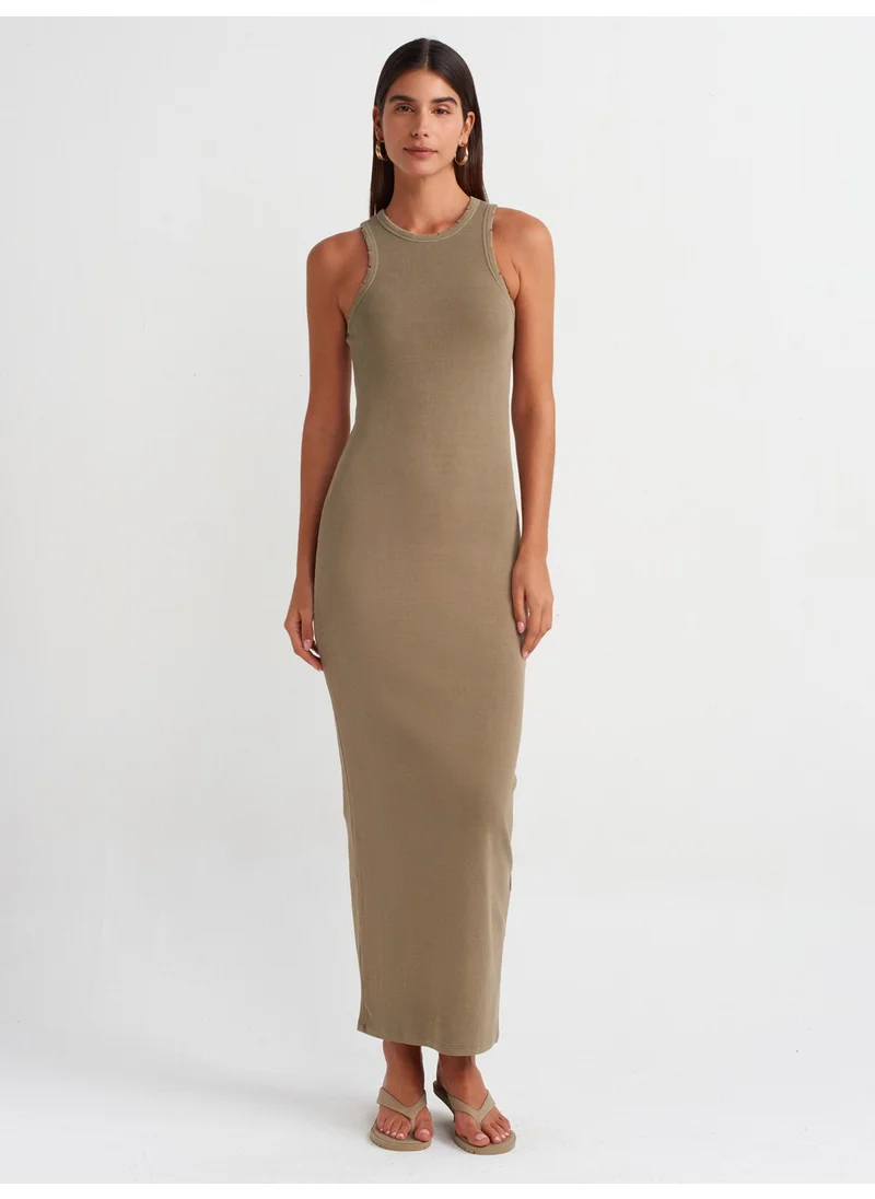 Dilvin 90805 Wash Effect Midi Dress-Khaki