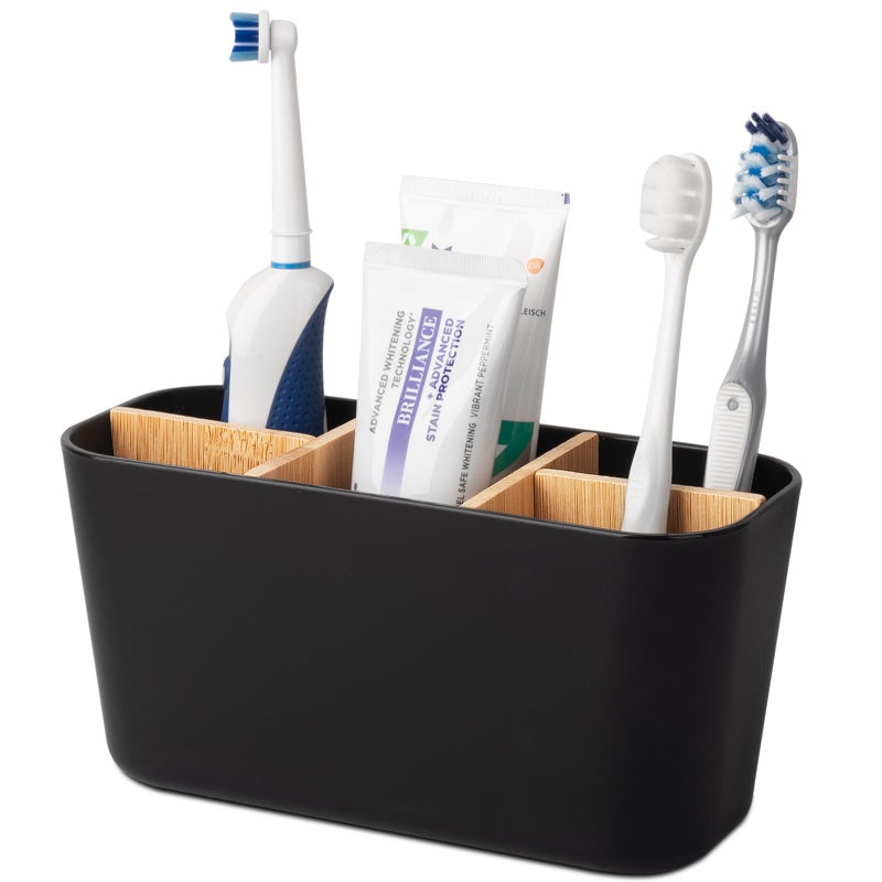 Heagoale Toothbrush Holders for Bathrooms, Bamboo Tooth Brush Holder with 5 Slots Bathroom Vanity Organizer Countertop for Electric Toothbrushes, Toothpaste, Razors - Black - Image 1