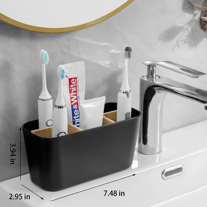 Heagoale Toothbrush Holders for Bathrooms, Bamboo Tooth Brush Holder with 5 Slots Bathroom Vanity Organizer Countertop for Electric Toothbrushes, Toothpaste, Razors - Black - Image 2