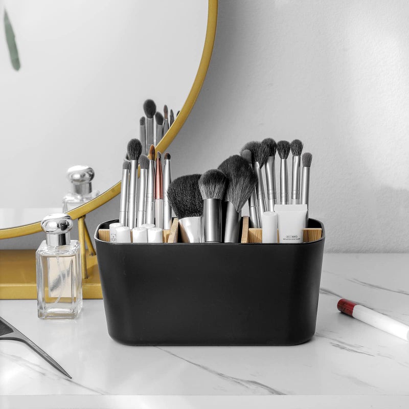 Heagoale Toothbrush Holders for Bathrooms, Bamboo Tooth Brush Holder with 5 Slots Bathroom Vanity Organizer Countertop for Electric Toothbrushes, Toothpaste, Razors - Black - Image 3