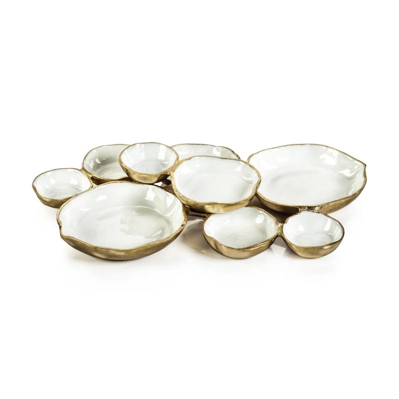 Zodax Cluster of Nine Round Serving Bowls Gold and White Enamel 19 in x 12 in x 25 in - Image 2