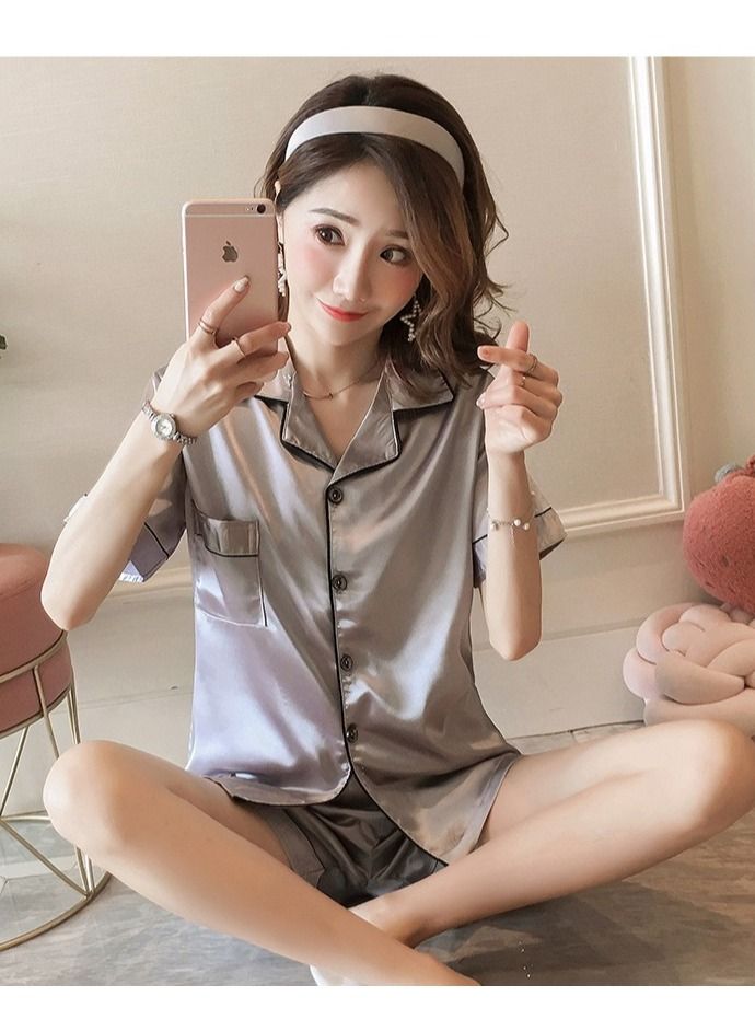 DUNISO Women's Soft Pajamas Set Silky Sleepwear 2 Piece Short sleeve Pajama Set Sleepwear Loungewear Button-Down Pajama Sets L - Image 2