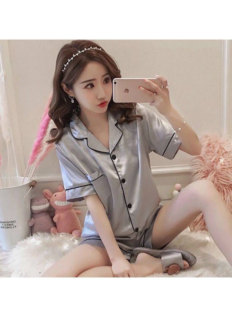 DUNISO Women's Soft Pajamas Set Silky Sleepwear 2 Piece Short sleeve Pajama Set Sleepwear Loungewear Button-Down Pajama Sets L - Image 5