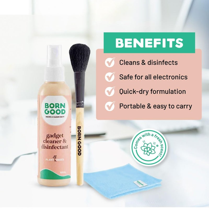 Born Good 3-in-1 Plant-Based Electronics & Gadget Disinfectant Cleaner Kit for Laptop, Smartphone, Monitor, Tablet, Camera, TVs with 1 Microfiber Cloths & Soft Brush - Image 2