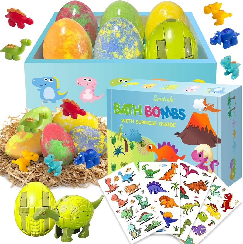 Santrela Easter Egg Bath Bombs for Kids with Surprise Toys Inside Dino Kids Bath Bombs Gift Set with Dinosaur Toy Bubble Bath Fizzy Spa Bath Kit for Birthday Christmas Boys Easter Basket Stuffers Filler 