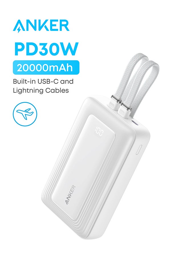 Anker Power Bank, 20,000mAh 30W Max Fast Portable Charger with Built-in USB-C and MFi Certified Lightning Cables, USB-C&A, Battery Pack for iPhone 17/16/15/14 Series, MacBook, Galaxy