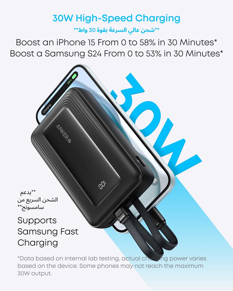 أنكر بانك طاقة أنكر، 20,000 مللي أمبير 30 واط كحد أقصى شاحن محمول سريع مع كابلات USB-C مدمجة وشهادات MFi، حزمة بطارية لـ iPhone 17/16/15/14 سلسلة، ماك بوك، جالاكسي - Image 4