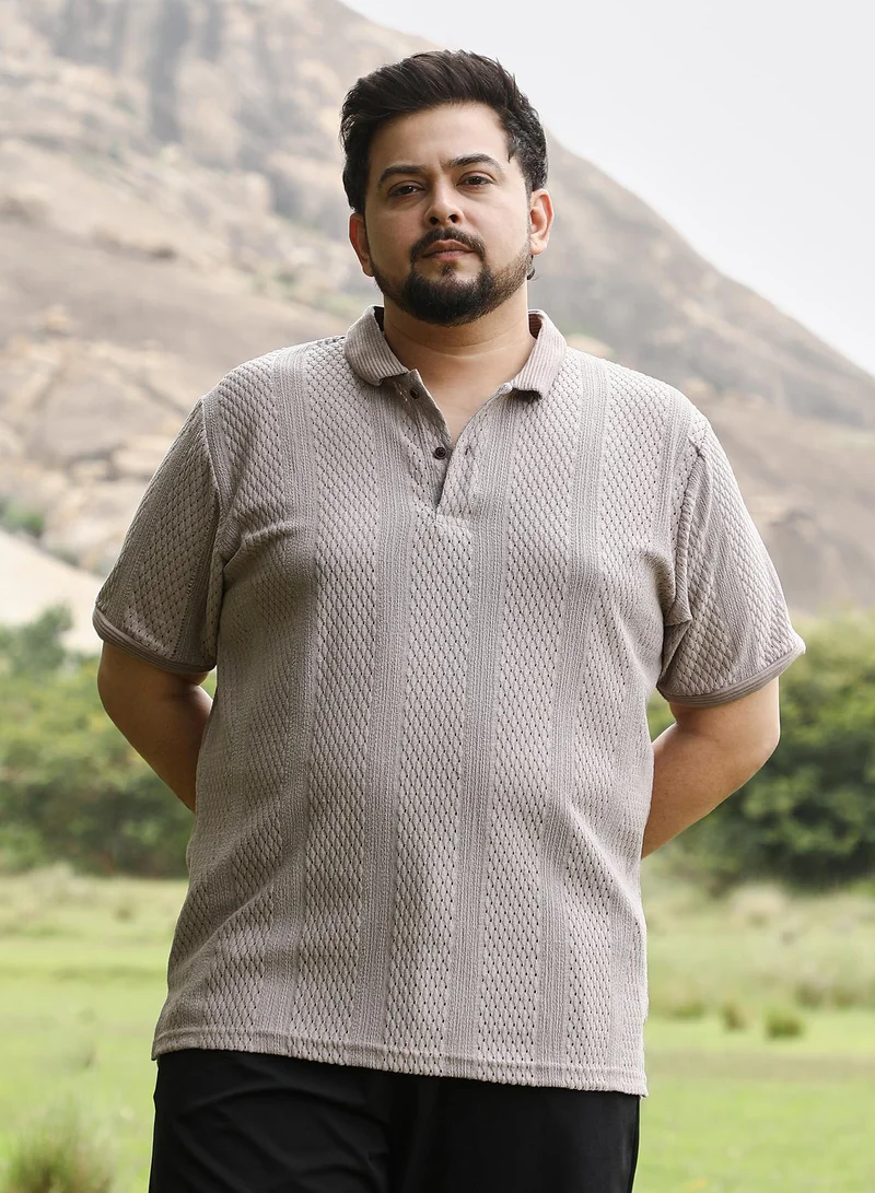 Instafab Plus Instafab Plus Men Marquise-Panel Jacquard Polo T-Shirt | Jacquard Polo Neck , Short Cuff Sleeves | Half-Button Closure , Straight Hem | Jacquard Knit Fabric For Casual & Daily Wear | Almond Beige