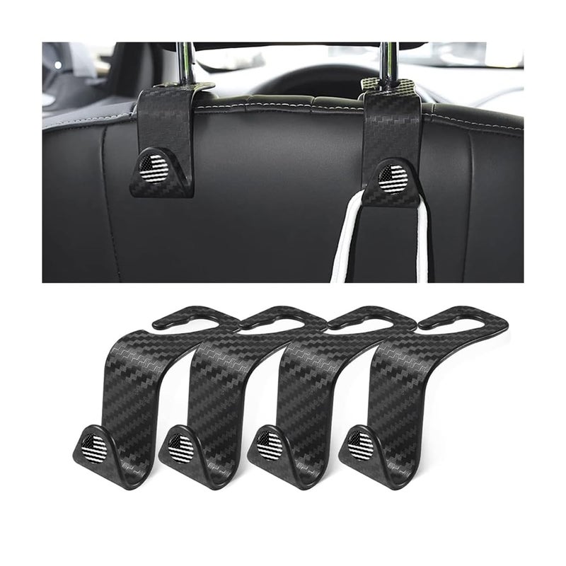 Hanemia 4PCS Car Seat Headrest Hooks, Auto Back Seat Hanger Holder, Durable Stylish Vehicle Organizer Universal Car Accessories, Storage Hooks for Purses, Bags, Clothes, Coats (Carbon Fiber/Black Flag) - Image 1
