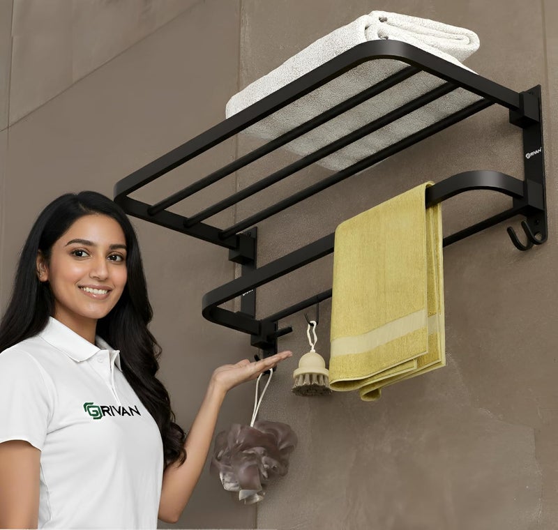 GRIVAN Modern 24 Inch Stainless Steel Foldable Towel Rack | Bathroom Towel Holder/Stand/Hanger with Multiple Hooks (Black Matte Finish) - Image 1