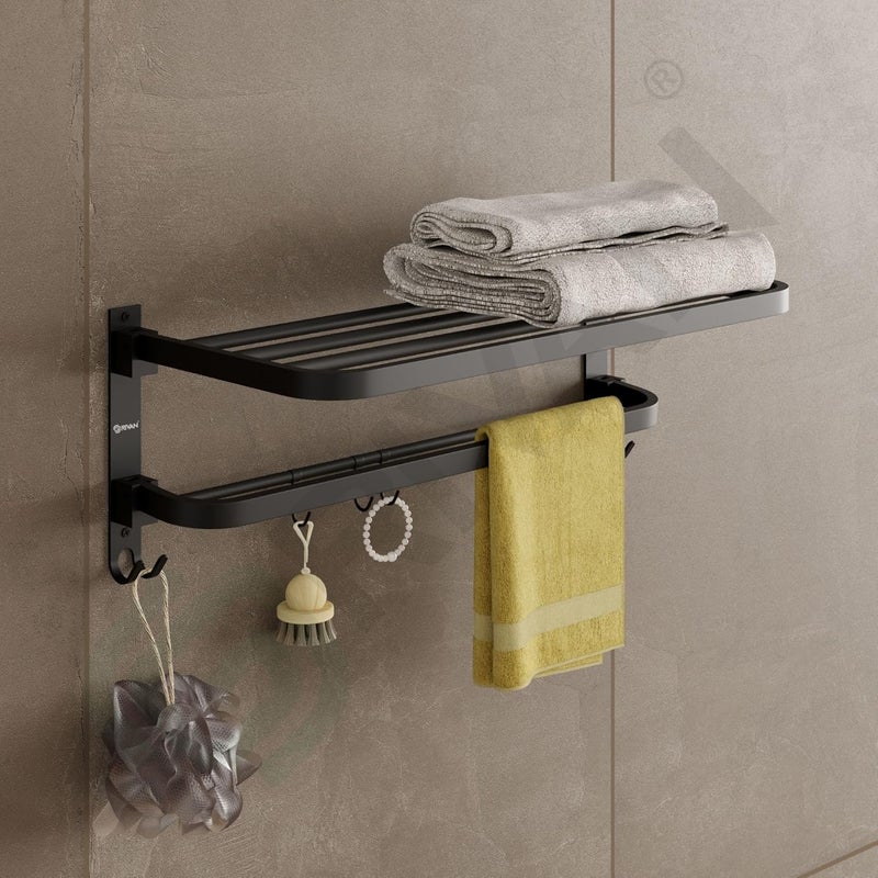 GRIVAN Modern 24 Inch Stainless Steel Foldable Towel Rack | Bathroom Towel Holder/Stand/Hanger with Multiple Hooks (Black Matte Finish) - Image 4