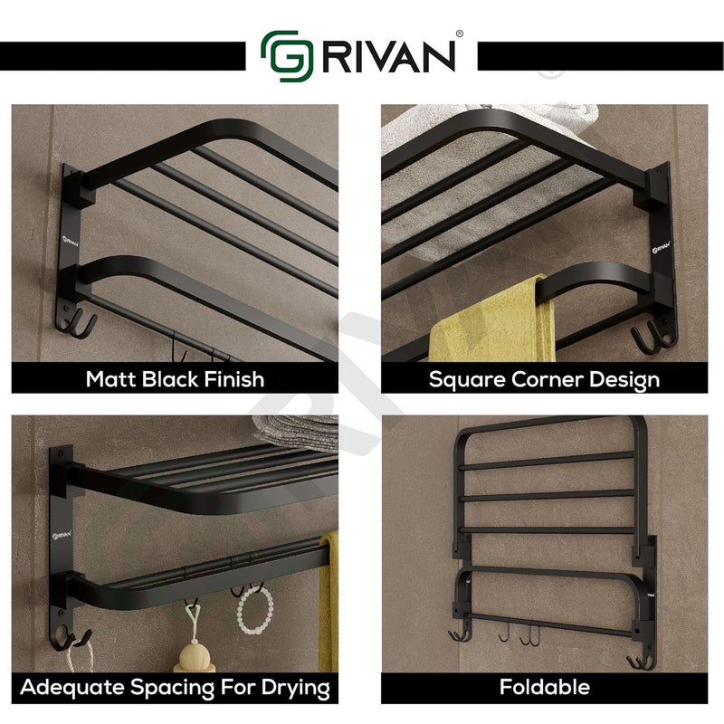 GRIVAN Modern 24 Inch Stainless Steel Foldable Towel Rack | Bathroom Towel Holder/Stand/Hanger with Multiple Hooks (Black Matte Finish) - Image 3