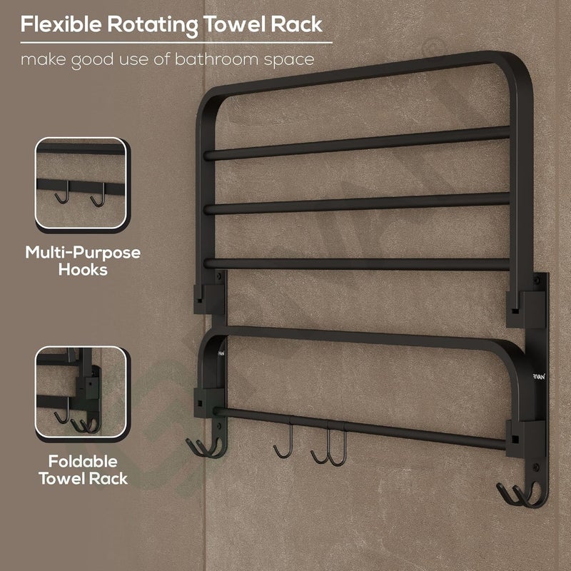 GRIVAN Modern 24 Inch Stainless Steel Foldable Towel Rack | Bathroom Towel Holder/Stand/Hanger with Multiple Hooks (Black Matte Finish) - Image 2