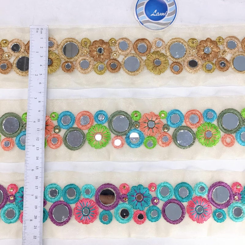 Lami 9 Meter Multi Colour Resham Embroidery Trim Lace Border, Beige Glass Nylon Base, Mirror & Diamond Stone Work Embroidered Lace, Designer Saree Lace, Bridal Lehenga Dupatta, Art & Craft Material - Image 3