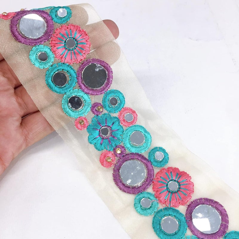 Lami 9 Meter Multi Colour Resham Embroidery Trim Lace Border, Beige Glass Nylon Base, Mirror & Diamond Stone Work Embroidered Lace, Designer Saree Lace, Bridal Lehenga Dupatta, Art & Craft Material - Image 5