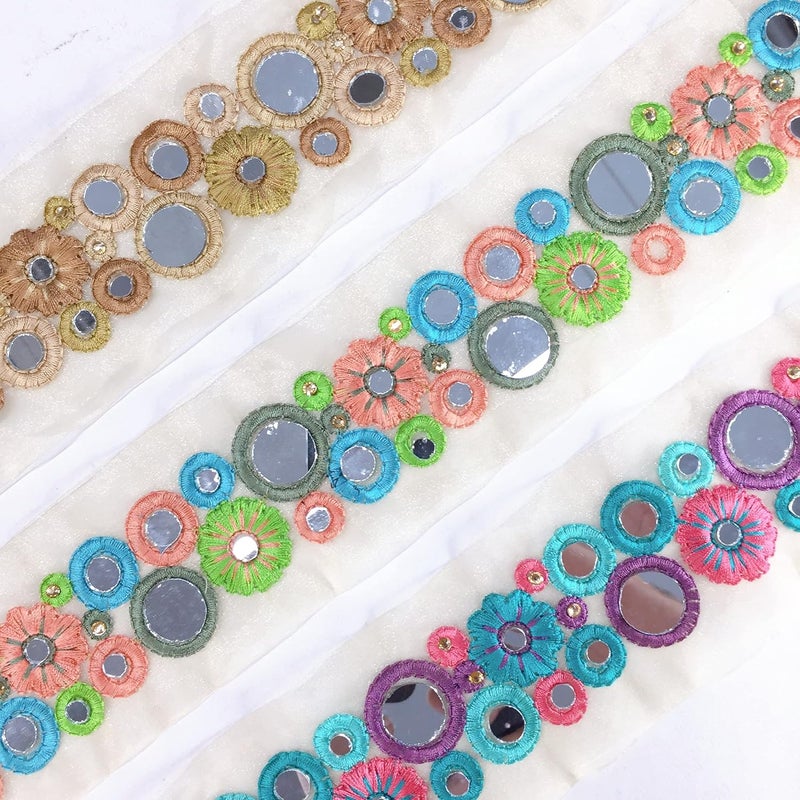 Lami 9 Meter Multi Colour Resham Embroidery Trim Lace Border, Beige Glass Nylon Base, Mirror & Diamond Stone Work Embroidered Lace, Designer Saree Lace, Bridal Lehenga Dupatta, Art & Craft Material - Image 4