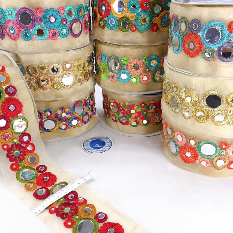 Lami 9 Meter Multi Colour Resham Embroidery Trim Lace Border, Beige Glass Nylon Base, Mirror & Diamond Stone Work Embroidered Lace, Designer Saree Lace, Bridal Lehenga Dupatta, Art & Craft Material - Image 2