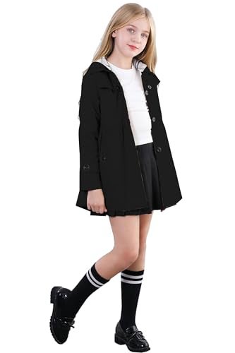 Betusline Girl's Hoodie Trench Coat, Single Breasted Windbreaker Hoodie Jacket Dress Outerwear for Girl, Black, 7-8 Years = Tag 140 - Image 3