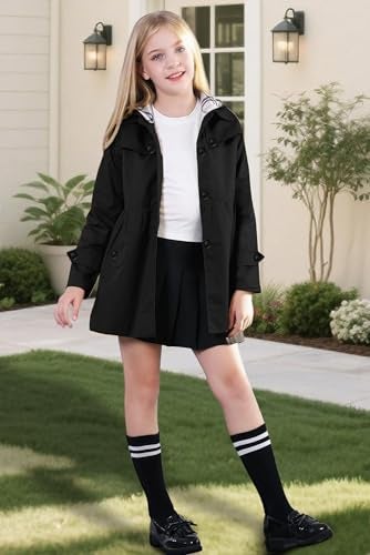 Betusline Girl's Hoodie Trench Coat, Single Breasted Windbreaker Hoodie Jacket Dress Outerwear for Girl, Black, 7-8 Years = Tag 140 - Image 2