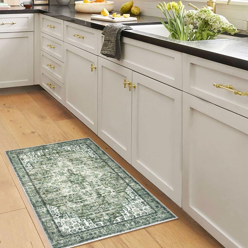 SIILOOM 2x3 Washable Rug for Entryway, Green Soft Traditional Printed Area Rug, Non-Slip Kitchen Rugs, Low-Pile Medallion Indoor Door Mat, Farmhouse Carpet for Entrance Kitchen Foyer - Image 3