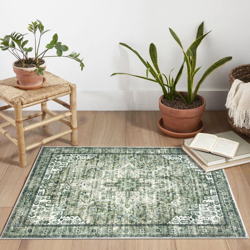 SIILOOM 2x3 Washable Rug for Entryway, Green Soft Traditional Printed Area Rug, Non-Slip Kitchen Rugs, Low-Pile Medallion Indoor Door Mat, Farmhouse Carpet for Entrance Kitchen Foyer - Image 2