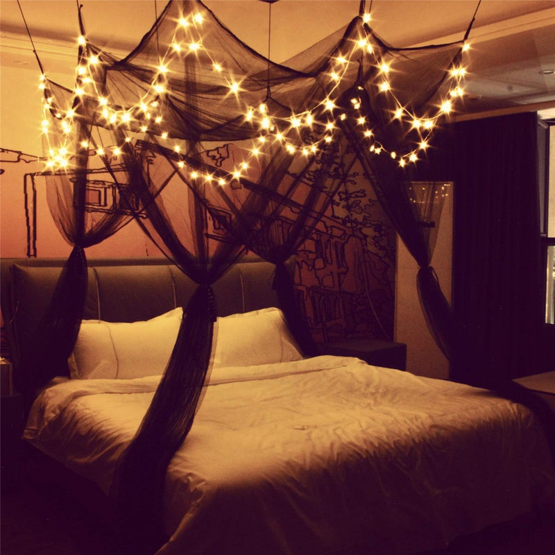 8 Corner Bed Canopy with 100 LED Star String Lights Battery Operated Bed Netting Unique Style 4 Door Square Canopy Bed Curtains Canopy  Suggested for Twin Full Queen King Bed
