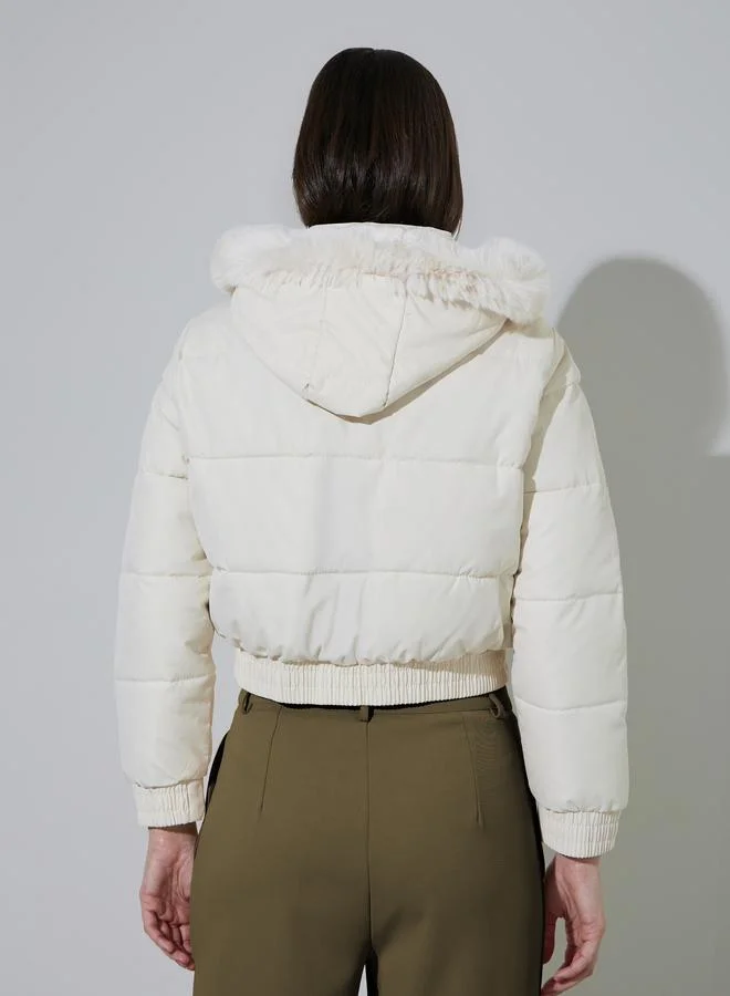 Styli  Off White Regular Fit Padded Jacket With Faux Fur for Women | Best Price UAE