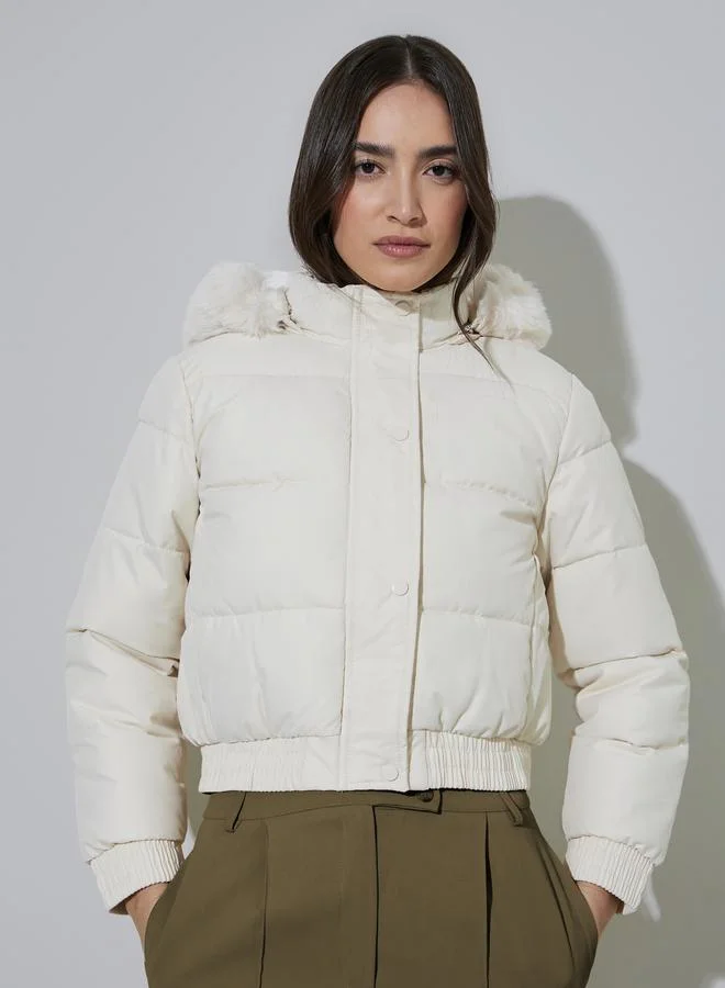 Styli  Off White Regular Fit Padded Jacket With Faux Fur for Women | Best Price UAE