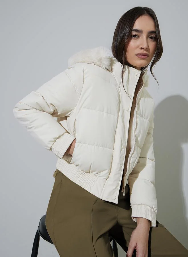 Off White Regular Fit Padded Jacket With Faux Fur