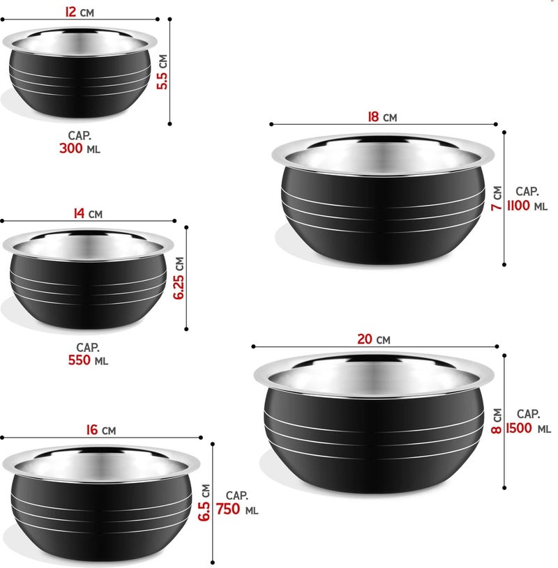 Stainless Steel Powder Coating Handi, Cooking Serving Bowl, Cookware Set of 5 Pieces with lid Size: 0.300 L, 0.500 L, 0.750 L, 1.100 L, 1.500 L (Black,Stainless Steel, Non-Stick)  - Image 2