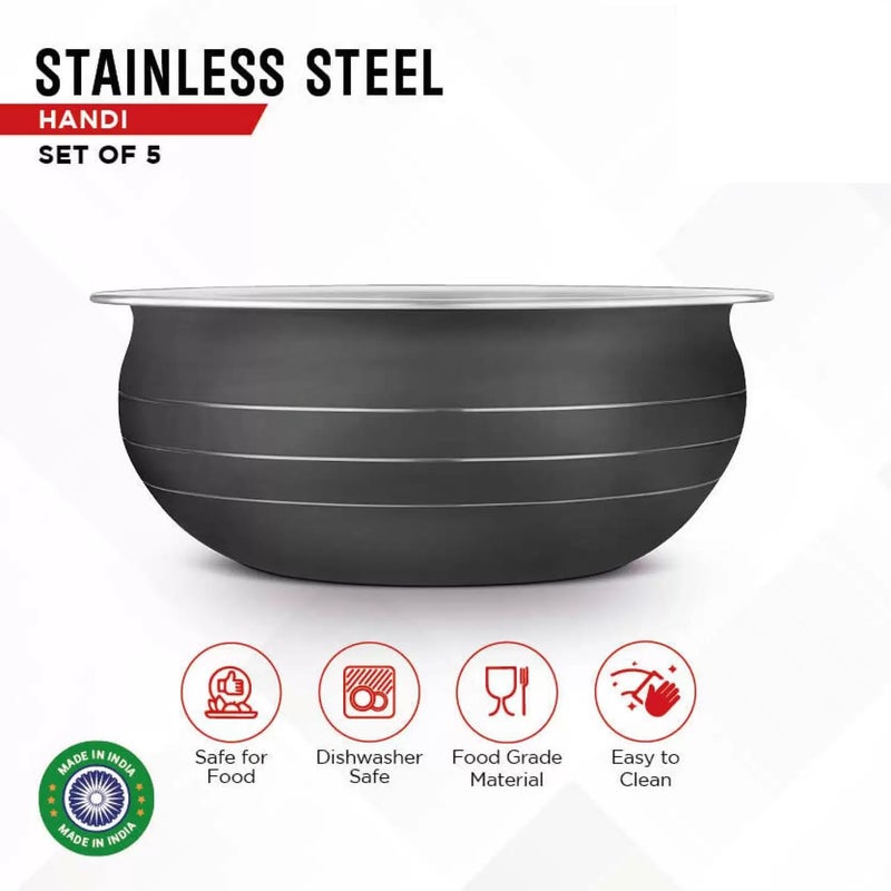 Stainless Steel Powder Coating Handi, Cooking Serving Bowl, Cookware Set of 5 Pieces with lid Size: 0.300 L, 0.500 L, 0.750 L, 1.100 L, 1.500 L (Black,Stainless Steel, Non-Stick)  - Image 5