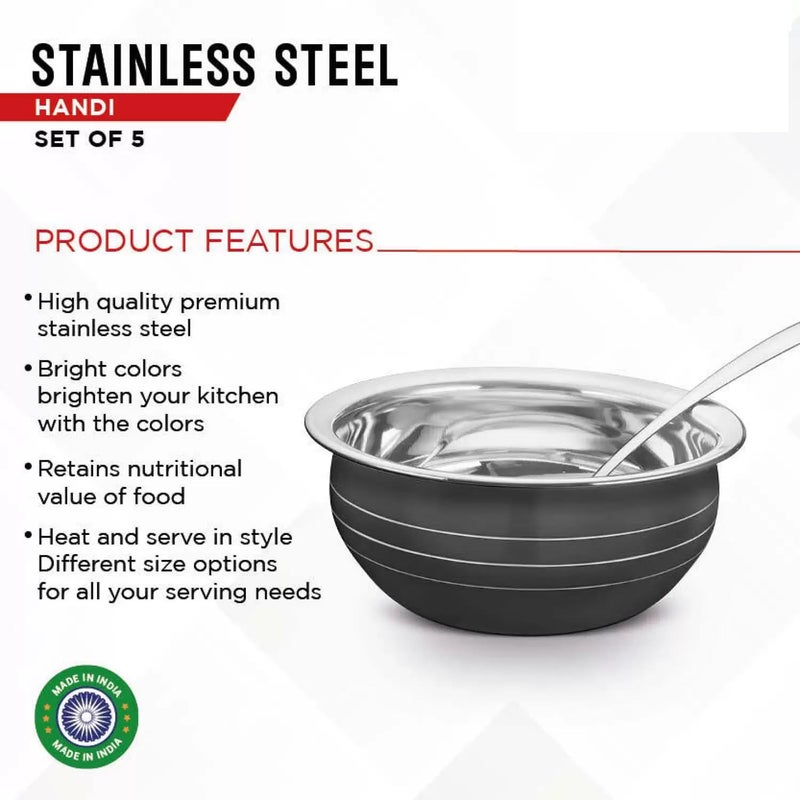Stainless Steel Powder Coating Handi, Cooking Serving Bowl, Cookware Set of 5 Pieces with lid Size: 0.300 L, 0.500 L, 0.750 L, 1.100 L, 1.500 L (Black,Stainless Steel, Non-Stick)  - Image 3