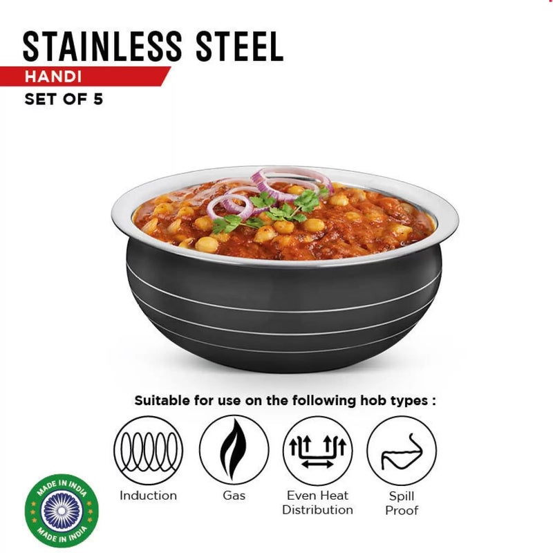 Stainless Steel Powder Coating Handi, Cooking Serving Bowl, Cookware Set of 5 Pieces with lid Size: 0.300 L, 0.500 L, 0.750 L, 1.100 L, 1.500 L (Black,Stainless Steel, Non-Stick)  - Image 4