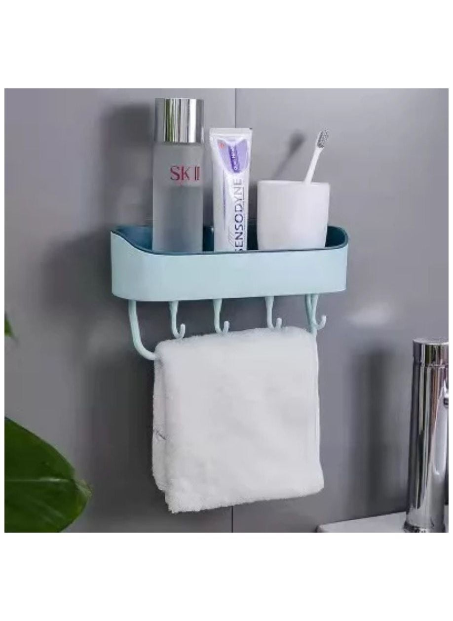 Bathroom Shelf, Plastic Bathroom Rack, Self-Adhesive Shower Caddy, No Drilling Bathroom Organizer, Bathroom Toiletries Holder, Shower Rack with 4 Hooks and Towel Bar. 