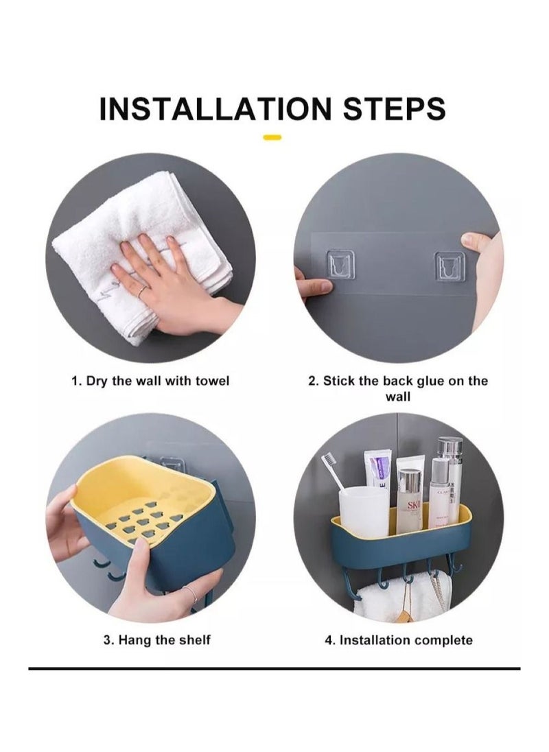 UrbanEssentia - Bathroom Shelf, Plastic Bathroom Rack, Self-Adhesive Shower Caddy, No Drilling Bathroom Organizer, Bathroom Toiletries Holder, Shower Rack with 4 Hooks and Towel Bar. - Image 1