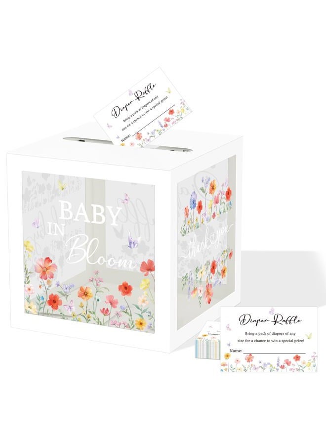 QISOLIY 50 Pieces Diaper Raffle Tickets with Box Baby Shower Game Invitations Diaper Raffle Cards Diaper Raffle Box Set for Baby Shower Gender Reveal Party Supplies Card Box (Clear Flower White) - Image 1