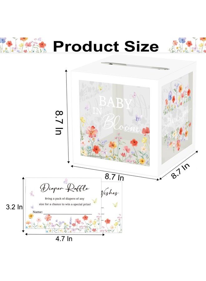 QISOLIY 50 Pieces Diaper Raffle Tickets with Box Baby Shower Game Invitations Diaper Raffle Cards Diaper Raffle Box Set for Baby Shower Gender Reveal Party Supplies Card Box (Clear Flower White) - Image 2