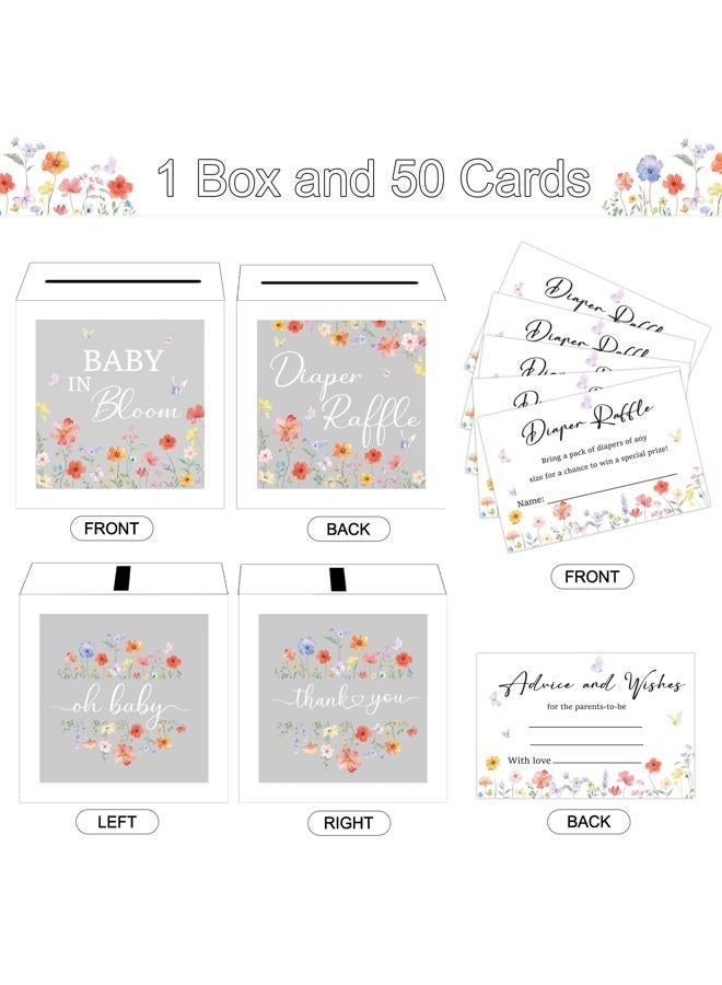 QISOLIY 50 Pieces Diaper Raffle Tickets with Box Baby Shower Game Invitations Diaper Raffle Cards Diaper Raffle Box Set for Baby Shower Gender Reveal Party Supplies Card Box (Clear Flower White) - Image 4