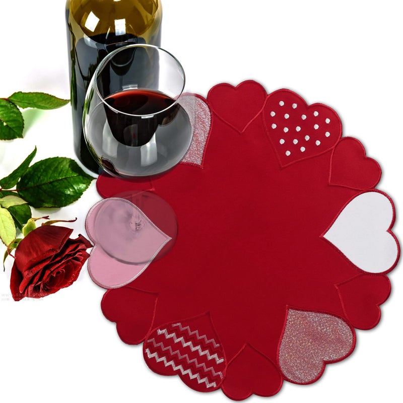 OWENIE Valentine's Day Placemats Set of 4, Embroidered Red Placemat for Kitchen Dining Table, 15 Inch Round Table Mats for Mother's Day or Wedding Decor, Romantic Round Placemat for 14th February - Image 2