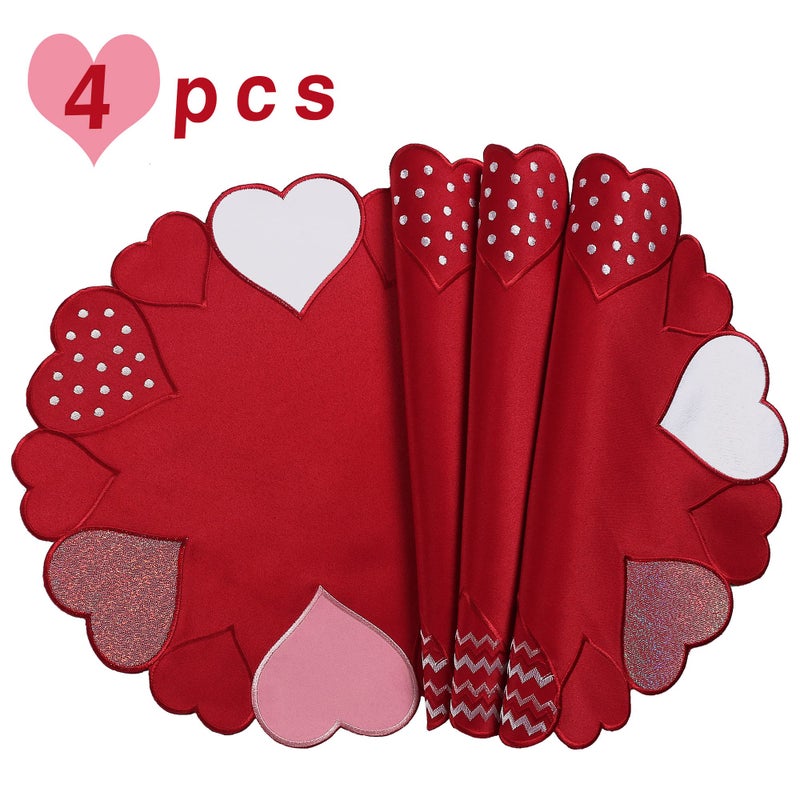 OWENIE Valentine's Day Placemats Set of 4, Embroidered Red Placemat for Kitchen Dining Table, 15 Inch Round Table Mats for Mother's Day or Wedding Decor, Romantic Round Placemat for 14th February - Image 3