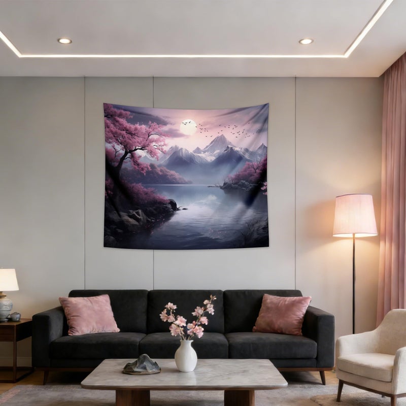 QGHOT Japanese Cherry Blossom Tapestry Wall Hanging Asian Anime Nature Mountain Wall Art Calming Tapestries for Bedroom Living Room Decor 60x50in - Image 1