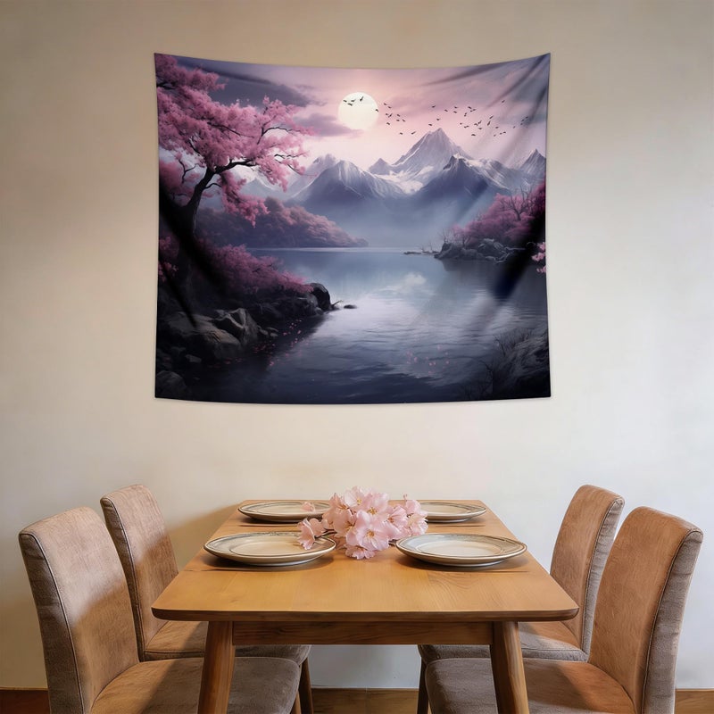 QGHOT Japanese Cherry Blossom Tapestry Wall Hanging Asian Anime Nature Mountain Wall Art Calming Tapestries for Bedroom Living Room Decor 60x50in - Image 2