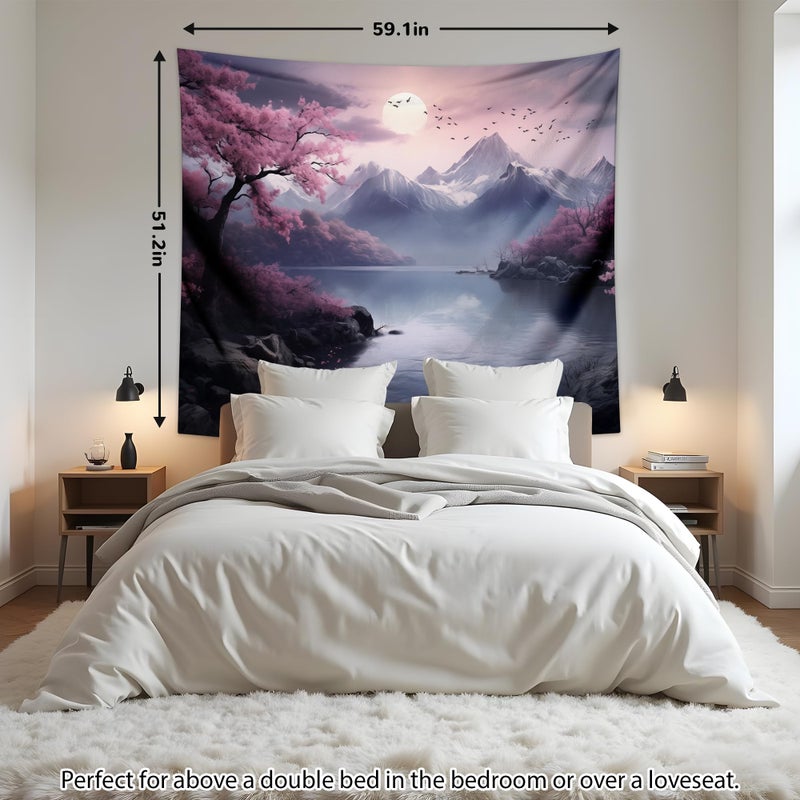 QGHOT Japanese Cherry Blossom Tapestry Wall Hanging Asian Anime Nature Mountain Wall Art Calming Tapestries for Bedroom Living Room Decor 60x50in - Image 5
