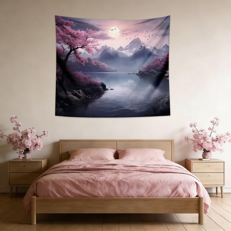QGHOT Japanese Cherry Blossom Tapestry Wall Hanging Asian Anime Nature Mountain Wall Art Calming Tapestries for Bedroom Living Room Decor 60x50in - Image 4