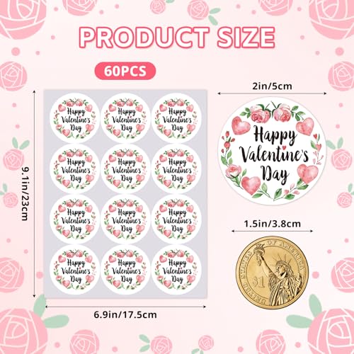 Yewfold Happy Valentines Day Stickers,2 Inch Round 60Pcs Valentines Day Stickers for Gift Wrapping, Envelopes, Cards, DIY Crafts (Rose) - Image 2