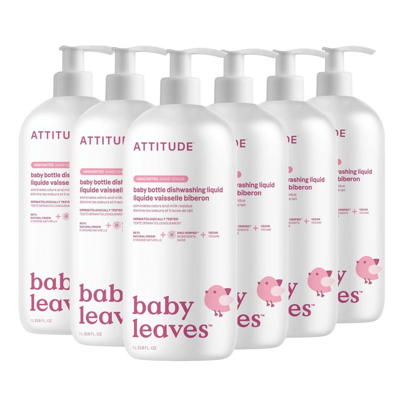 ATTITUDE Baby Dish Soap and Bottle Cleaner EWG Verified Dishwashing Liquid No Added Dyes or Fragrances Tough on Milk Residue and Grease Vegan Unscented 338 Fl Oz Pack of 6