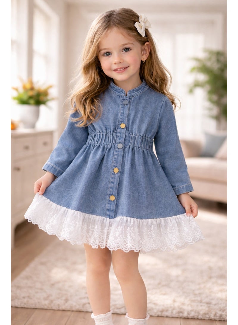 Smarties AE Girls Denim Dress with Lace Hem | Long Sleeve Button Front A-Line Dress for Toddler Girls (2-4 Years) | Casual Party Wear Baby Girl Outfit Blue - Image 1