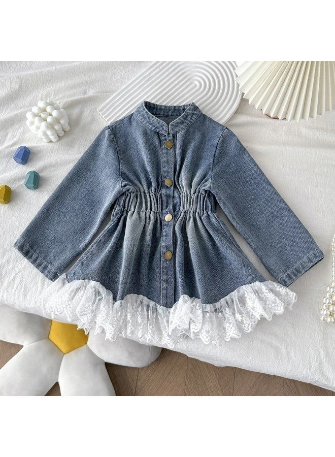Smarties AE Girls Denim Dress with Lace Hem | Long Sleeve Button Front A-Line Dress for Toddler Girls (2-4 Years) | Casual Party Wear Baby Girl Outfit Blue - Image 2