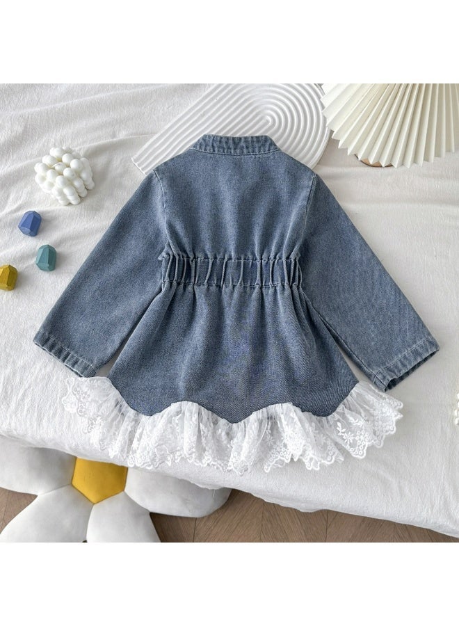 Smarties AE Girls Denim Dress with Lace Hem | Long Sleeve Button Front A-Line Dress for Toddler Girls (2-4 Years) | Casual Party Wear Baby Girl Outfit Blue - Image 3